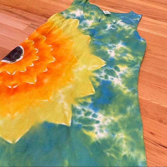 Hand tie dyed sleeveless dress yellow orange sunflower blue sky size M - Picture 4 of 7